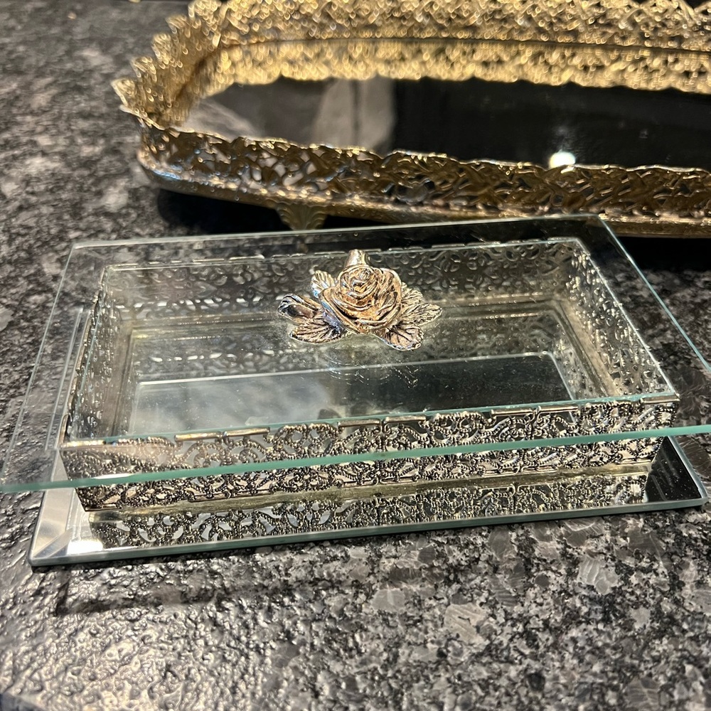 Antique glass mirror jewelry box